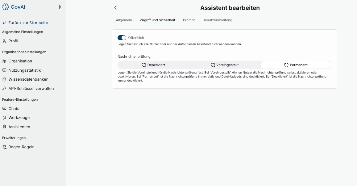 Assistent bearbeiten – Zugriff und Sicherheit