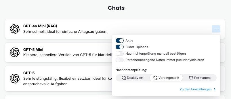 GovAI Chats Schnelleinstellungen