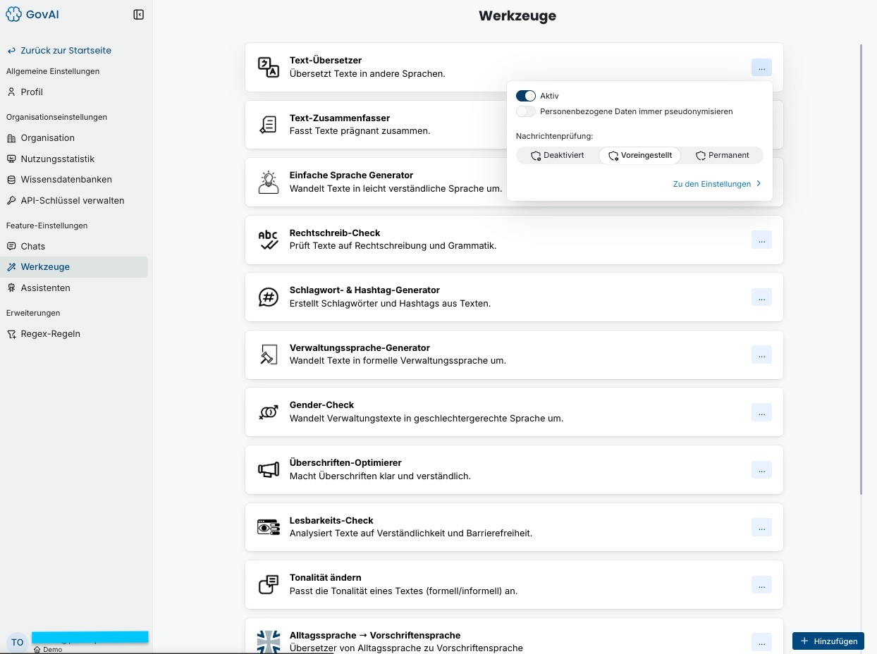 GovAI Feature-Einstellungen Werkzeuge
