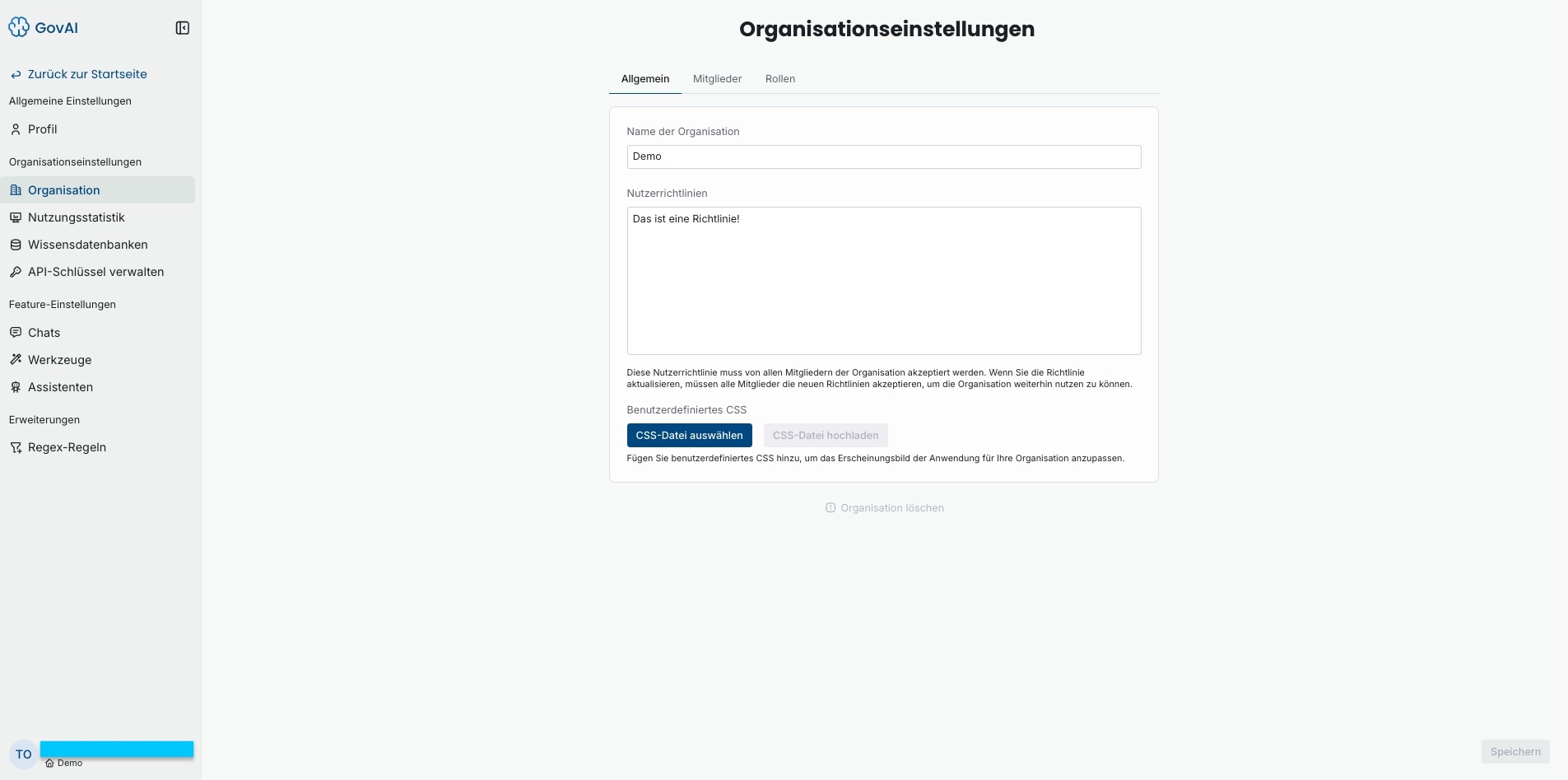 GovAI Organisationseinstellungen Allgemein
