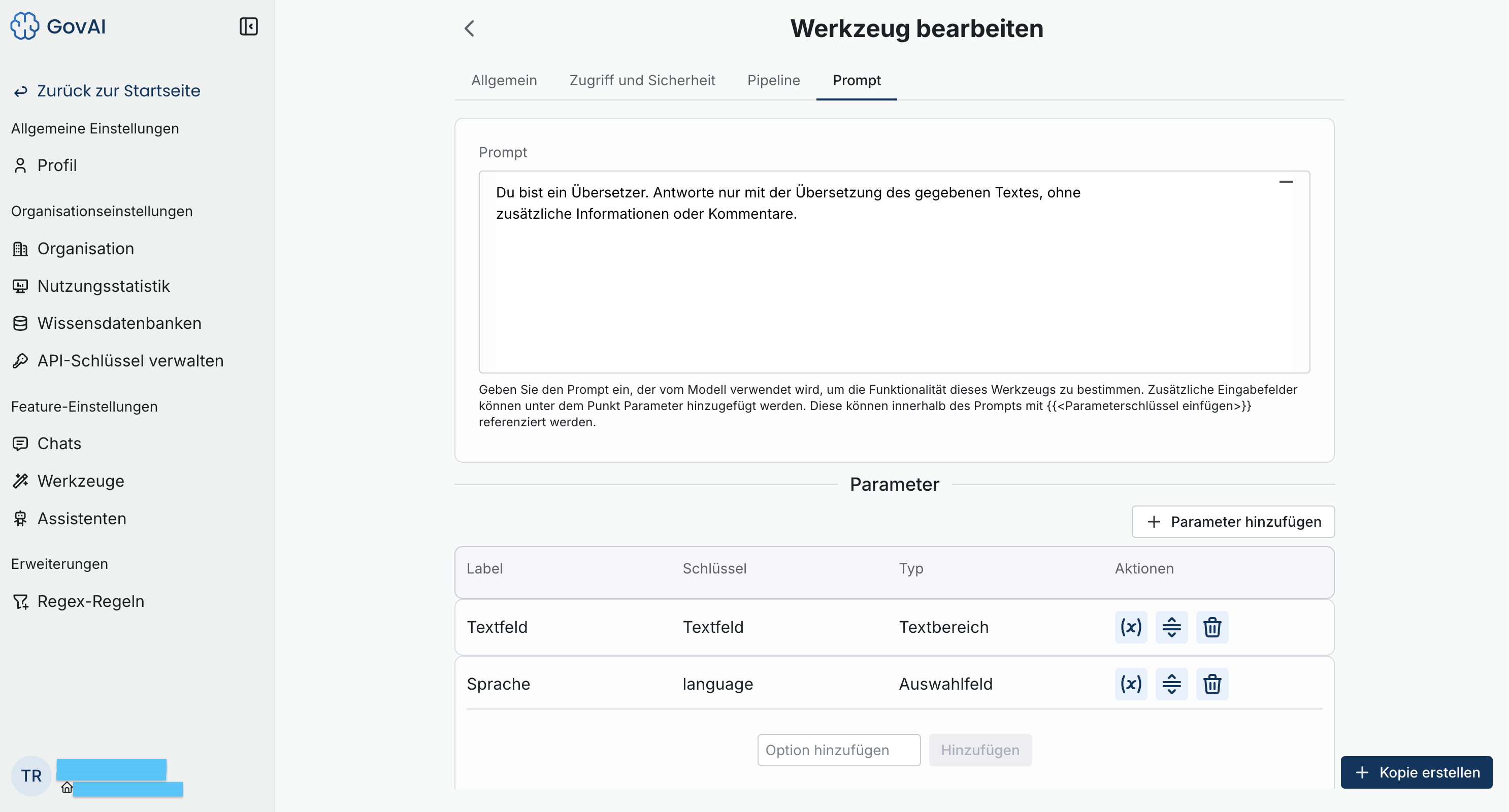 Werkzeug bearbeiten – Prompt