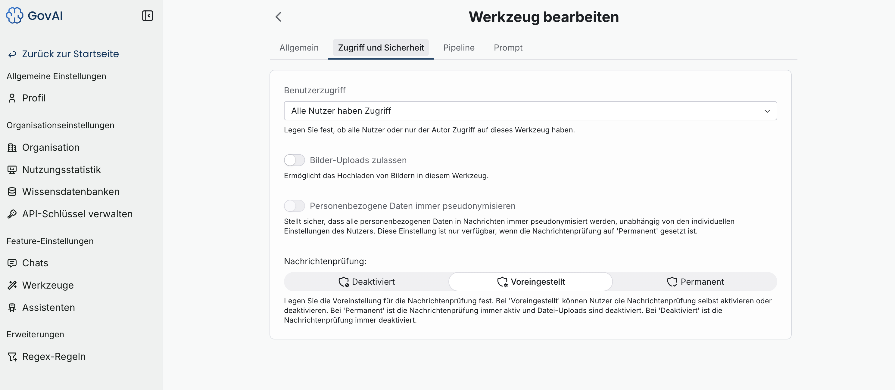 Werkzeug bearbeiten – Zugriff und Sicherheit